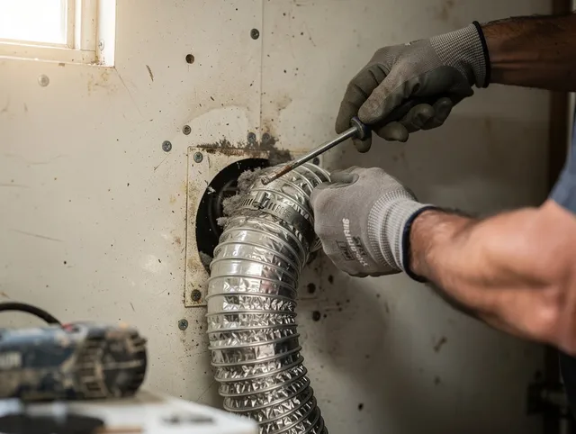 Deerfield Beach Dryer Vent Cleaning technician performing precise dryer vent hose installation in Deerfield Beach